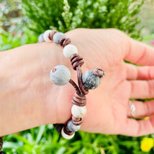 Load image into Gallery viewer, Women’s Natural Howlite and Jasper on genuine brown leather bracelet
