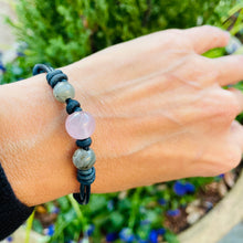 Load image into Gallery viewer, Women’s Natural Labradorite and Rose Quartz on genuine leather Mala style bracelet

