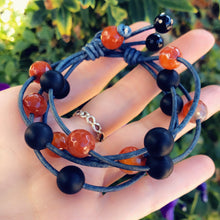 Load image into Gallery viewer, Women’s Natural Carnelian and Onyx on genuine denim leather bracelet
