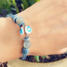 Load image into Gallery viewer, Women’s Natural Labradorite and evil eye on genuine leather bracelet
