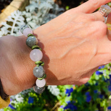 Load image into Gallery viewer, Women’s Natural Rose Quartz and Labradorite on genuine leather bracelet
