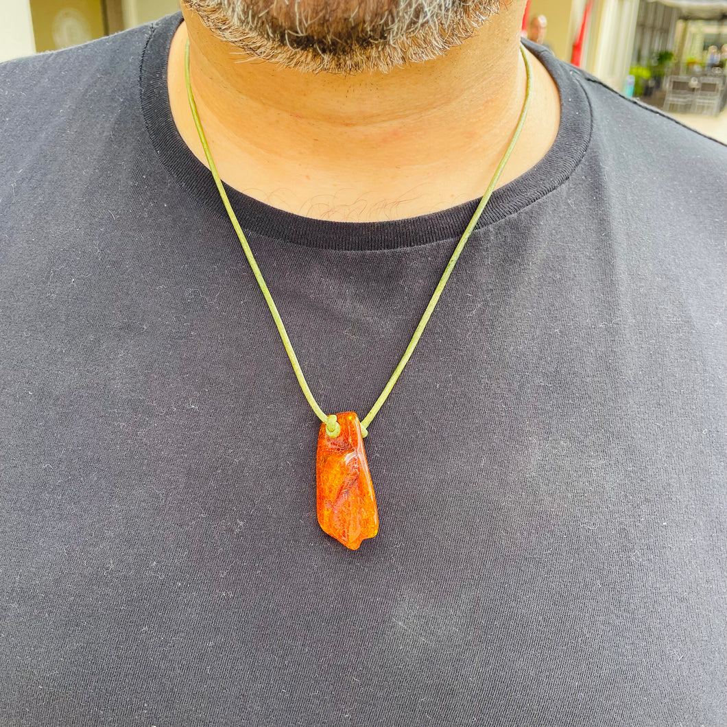 Men’s Natural Baltic Amber on genuine leather adjustable necklace