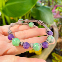 Load image into Gallery viewer, Women’s Natural Ruby Zoisite and Amethyst on genuine leather mala style bracelet
