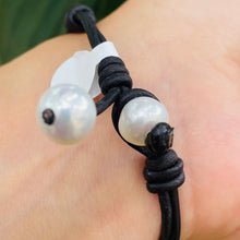 Load image into Gallery viewer, Women’s Natural Fresh water pearls on black genuine leather bracelet
