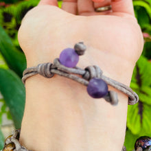 Load image into Gallery viewer, Women’s Natural Amethyst on genuine leather bracelet
