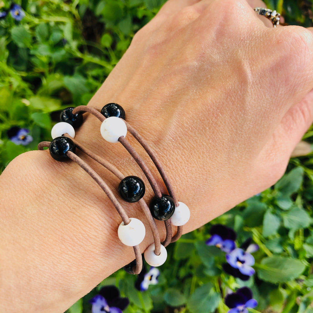 Women’s Natural Howlite and Black Onyx with Antique Grey genuine leather multi strand bracelet