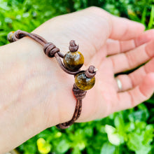 Load image into Gallery viewer, Women’s Natural Citrine and Tiger eyes on genuine dark brown leather bracelet
