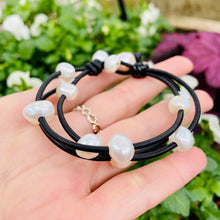 Load image into Gallery viewer, Women’s Natural White Pearls on genuine black leather bracelet
