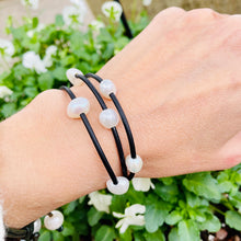 Load image into Gallery viewer, Women’s Natural White Pearls on genuine black leather bracelet
