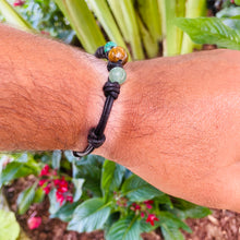 Load image into Gallery viewer, Men&#39;s natural Tiger&#39;s eye, Malachite and Aventurine on genuine leather Mala style bracelet
