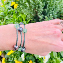 Load image into Gallery viewer, Women’s Natural Black Pearls and Green Sea Glass on genuine green leather bracelet
