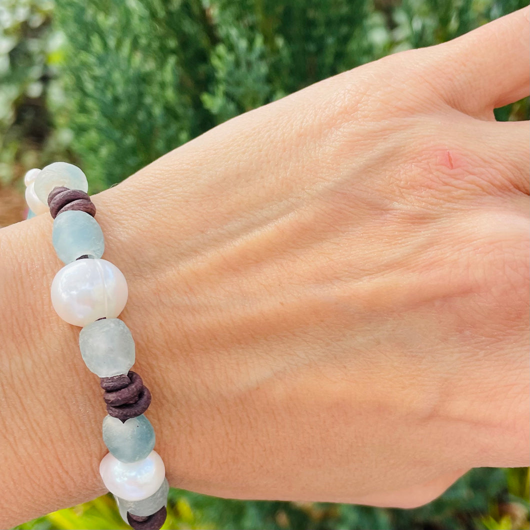 Women’s Natural Freshwater Pearls and African sea glass on genuine leather
