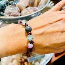 Load image into Gallery viewer, Women’s Natural Fluorite and Labradorite on genuine leather Mala style bracelet
