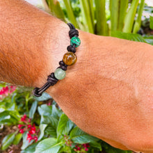 Load image into Gallery viewer, Men&#39;s natural Tiger&#39;s eye, Malachite and Aventurine on genuine leather Mala style bracelet
