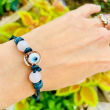 Load image into Gallery viewer, Women’s Natural Rose Quartz and Evil Eye on genuine leather bracelet
