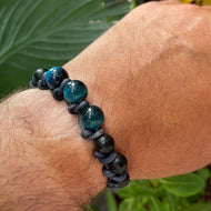Men's natural Blue Tiger's Eye and Black Onyx on genuine leather Mala style bracelet
