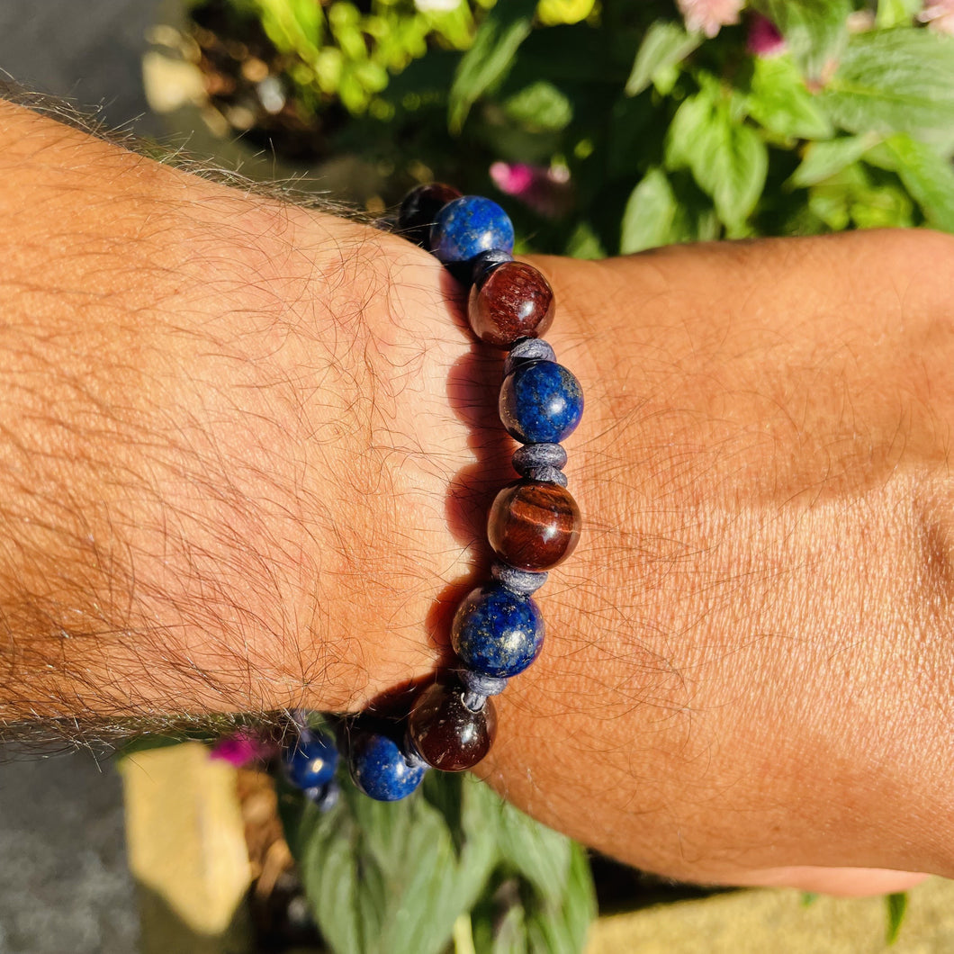 Men's bracelet with Natural Red Tiger’s Eye and Lapis Lazuli for Spiritual Healing