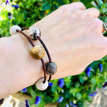 Load image into Gallery viewer, Women’s Om Lace Agate on genuine dark brown leather bracelet
