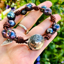 Load image into Gallery viewer, Women’s Kasumi pearls &amp; authentic Buffalo nickel coin on genuine brown leather bracelet
