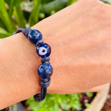 Load image into Gallery viewer, Women’s Natural Lapis Lazuli and Evil Eye 🧿 on genuine leather bracelet

