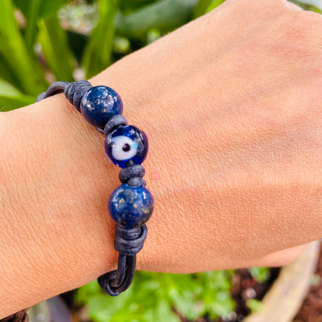 Women’s Natural Lapis Lazuli and Evil Eye 🧿 on genuine leather bracelet