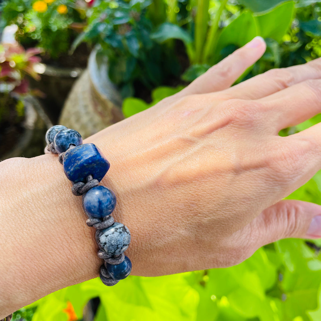 Women’s Natural Sodalite, Jasper and Lapis Lazuli on genuine leather bracelet