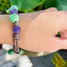 Load image into Gallery viewer, Women’s Natural Ruby Zoisite and Amethyst on genuine leather mala style bracelet
