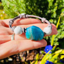 Load image into Gallery viewer, Women’s Natural Blue Lace Agate and Howlite on genuine leather bracelet
