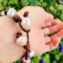 Load image into Gallery viewer, Women’s natural pearls and dark brown genuine leather bracelet
