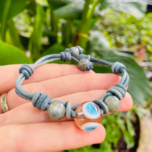 Load image into Gallery viewer, Women’s Natural Labradorite and evil eye on genuine leather bracelet
