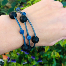 Load image into Gallery viewer, Women’s Natural Lapis Lazuli and Onyx on genuine denim leather bracelet
