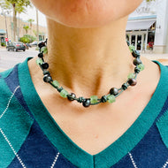 Women's natural black pearl and green sea glass on genuine green leather necklace