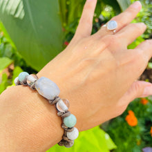 Load image into Gallery viewer, Women’s Natural Blue Lace Agate, Clear Quartz, Moonstone and Amazonite on genuine leather Mala bracelet
