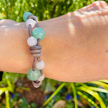 Load image into Gallery viewer, Women&#39;s Natural rose quartz and aventurine on genuine leather Mala style bracelet
