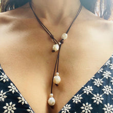 Load image into Gallery viewer, Women’s “Signature Collection” necklace with natural Kasumi pearls and hand rolled leather
