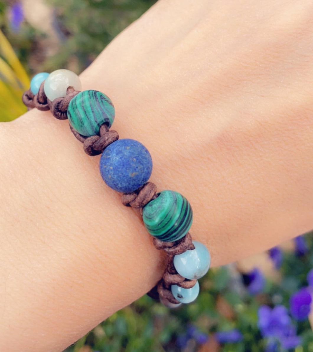 Women’s Natural Lapis Lazuli, Amazonite and Malachite on genuine leather Mala style bracelet