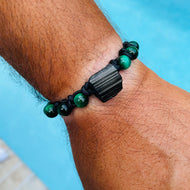 Men's natural tourmaline and green Tiger's eye on genuine leather Mala style bracelet
