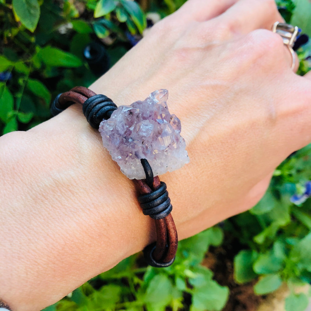 Women’s Natural Flower Amethyst & Authentic Silver Buffalo nickel coin clasp on brown and black genuine leather bracelet