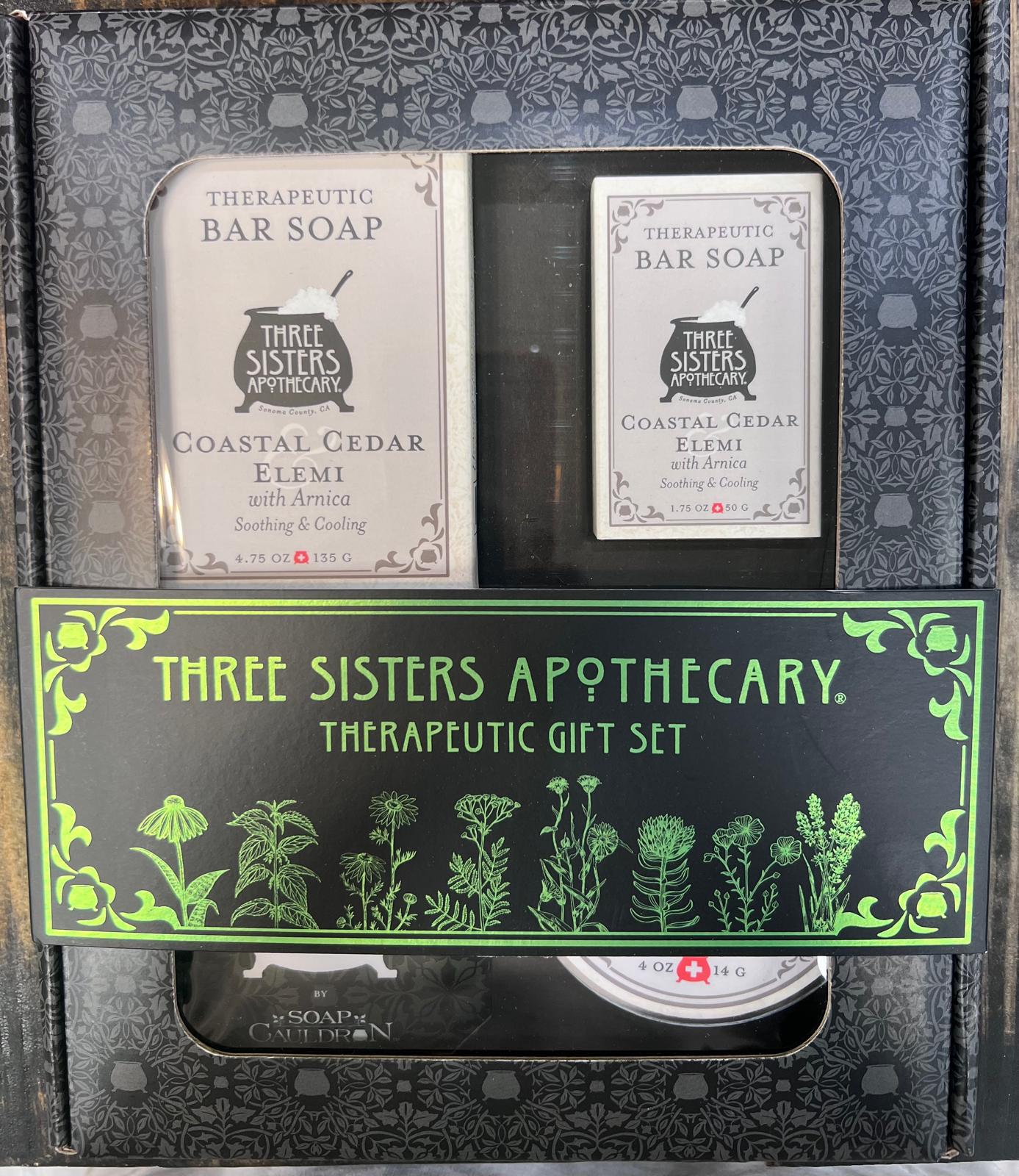 Three Sisters Apothecary Therapeutic Gift Set  Coastal Cedar Elemi & Arnica Relief